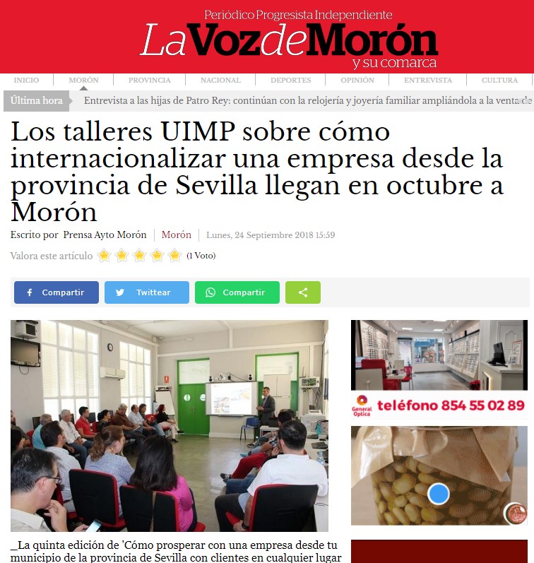 APEIROO participa nos workshops da UIMP sobre como internacionalizar uma empresa da província de Sevilha.
